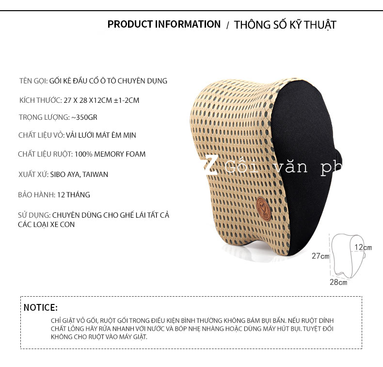 Thông số gối ô tô Thông số gối ô tô